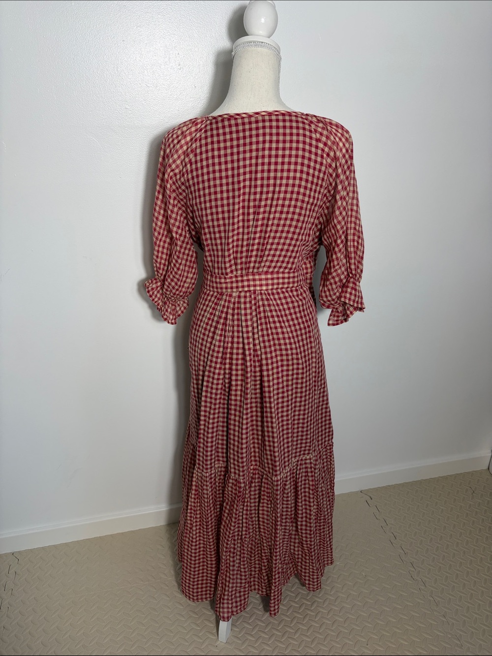 Khara Kapas Red Gingham Cotton Wrap Maxi Dress - Feminine Tie Waist XL - Picture 4 of 8